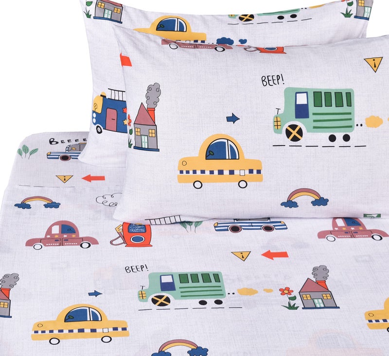 J-pinno Cars Bus Traffic Transport Boys Full Sheet Set Bedroom Decoration Gift, 100% Cotton, Flat Sheet + Fitted Sheet + Pillowcase Bedding Set (12, Full) - Image 2